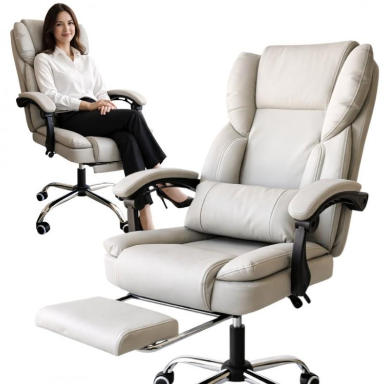 Pisarniški stol iz kremnega usnja z naslonom za noge