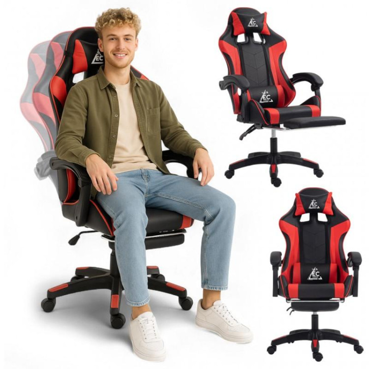 Črno-rdeč igralni stol z naslonom za noge