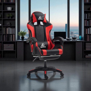 Črno-rdeč igralni stol z naslonom za noge