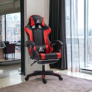 Črno-rdeč igralni stol z naslonom za noge