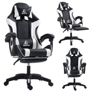 Črno-beli igralni stol z naslonom za noge