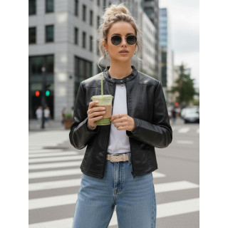 Črna ženska usnjena jakna s stoječim ovratnikom TY5568