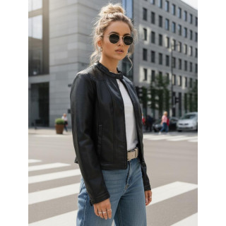 Črna ženska usnjena jakna s stoječim ovratnikom TY5568