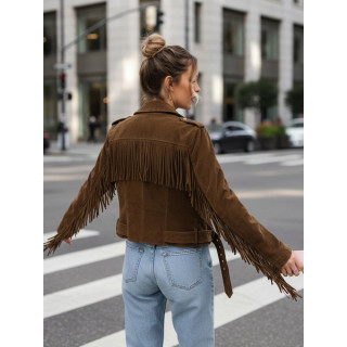 Rjava semiš jakna z resicami TY5582