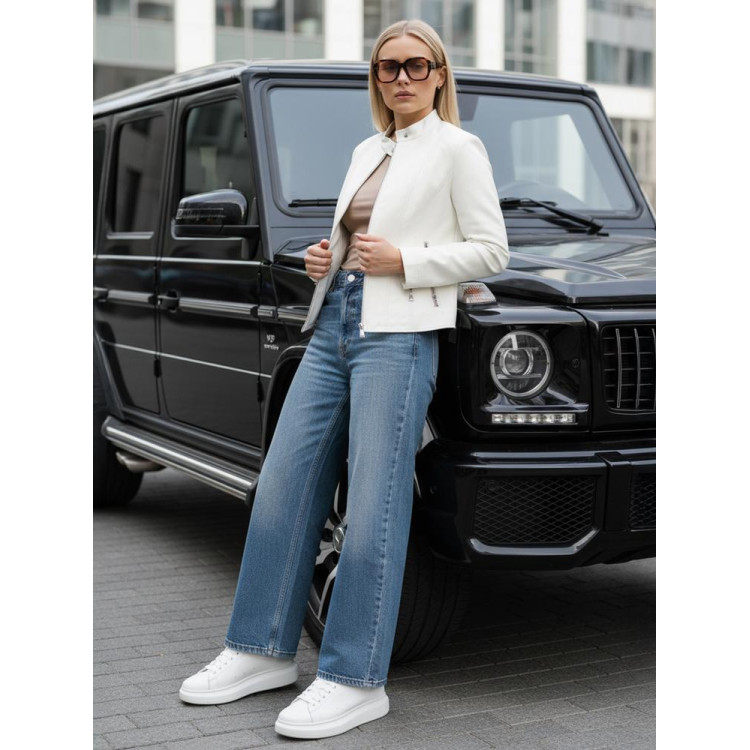 Ženska bela usnjena jakna s stoječim ovratnikom TY5478