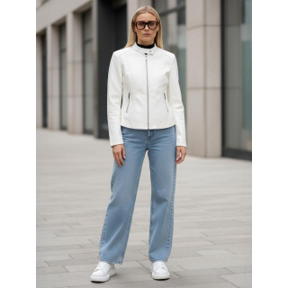 Ženska bela usnjena jakna s stoječim ovratnikom TY5478