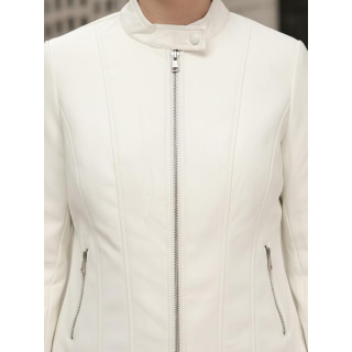 Ženska bela usnjena jakna s stoječim ovratnikom TY5478