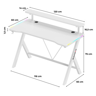 Huzaro bela igralna miza z RGB osvetlitvijo ozadja HERO 1.9 RGB WHITE 120 CM