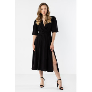 Ženska črna midi obleka z vezalkami