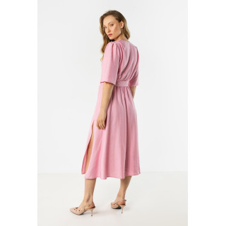 Roza ženska midi obleka z vezalkami