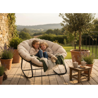 Gugalni stol z blazino v sivo-bež barvi