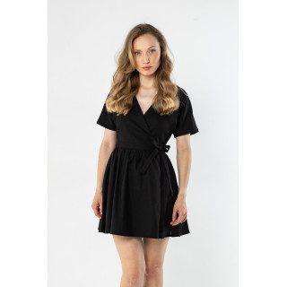 Črna lanena mini obleka z zavezovanjem v pasu