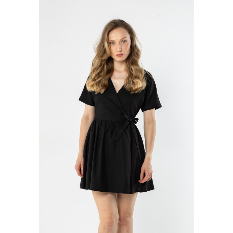Črna lanena mini obleka z zavezovanjem v pasu