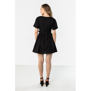 Črna lanena mini obleka z zavezovanjem v pasu