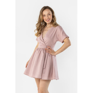 Rožnata lanena obleka z zavezovanjem v pasu