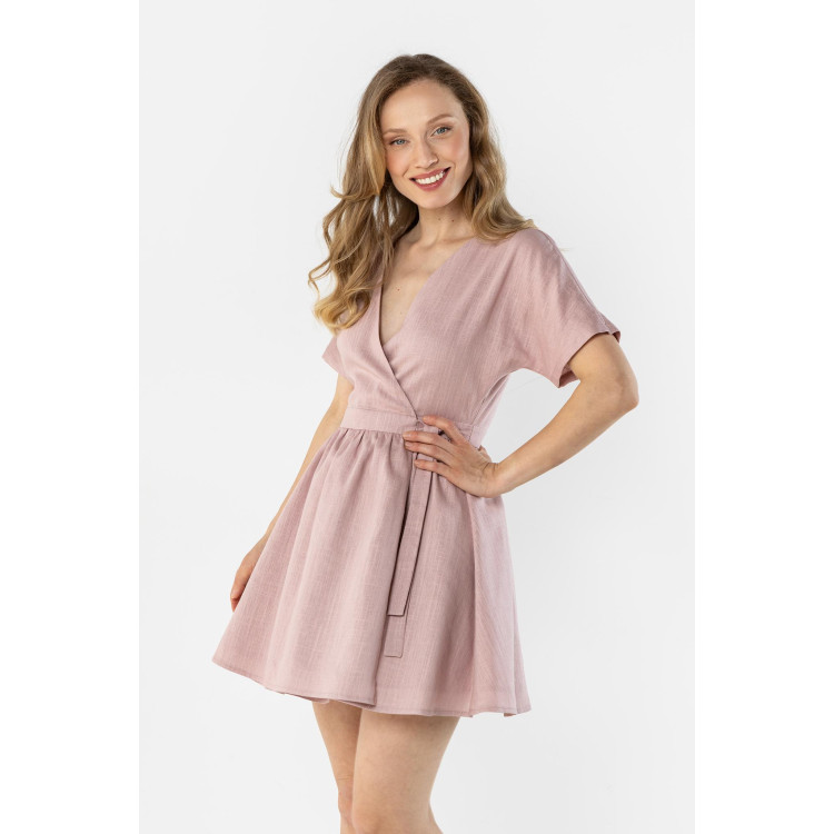 Rožnata lanena obleka z zavezovanjem v pasu