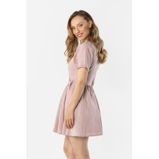 Rožnata lanena obleka z zavezovanjem v pasu