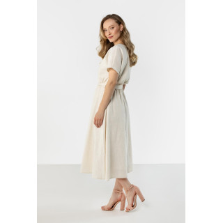 Ženska lanena bež obleka z zavezovanjem v pasu