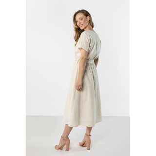 Ženska lanena bež obleka z zavezovanjem v pasu