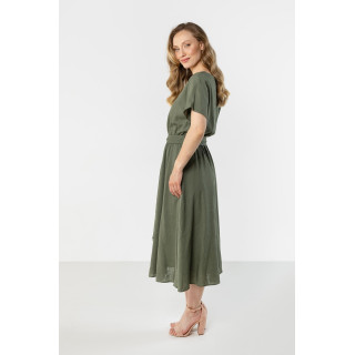 Kaki lanena obleka z zavezovanjem v pasu