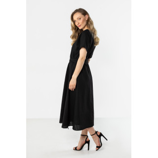 Črna lanena obleka z zavezovanjem v pasu