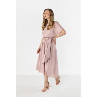 Ženska roza lanena obleka z zavezovanjem v pasu