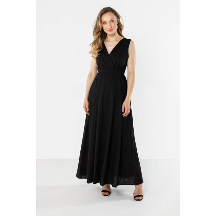 Ženska dolga črna lanena obleka