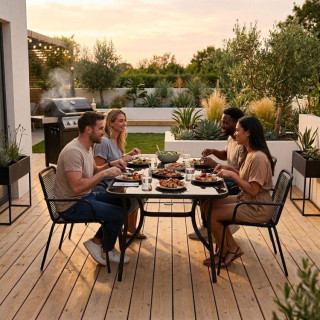 Črna vrtna miza z odprtino za senčnik - 140x80 cm