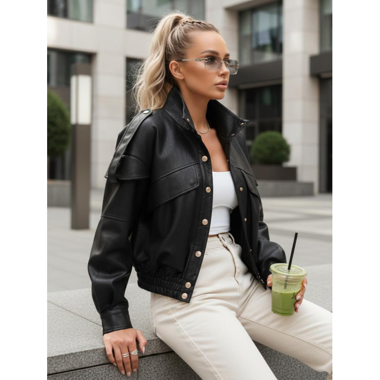 Črna ženska usnjena jakna s stoječim ovratnikom TY5646