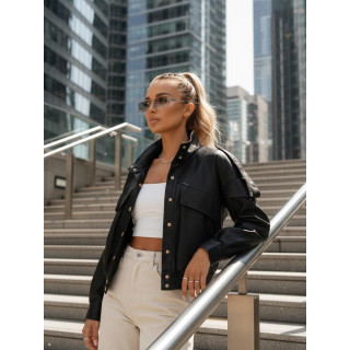 Črna ženska usnjena jakna s stoječim ovratnikom TY5646