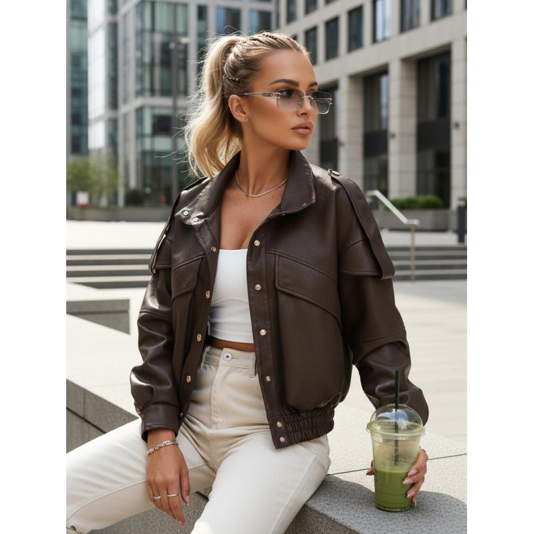 Ženska rjava usnjena jakna s stoječim ovratnikom TY5645