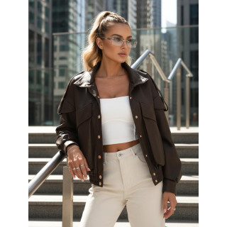 Ženska rjava usnjena jakna s stoječim ovratnikom TY5645