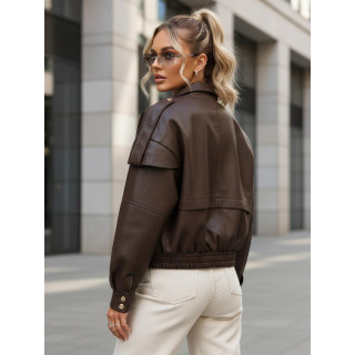 Ženska rjava usnjena jakna s stoječim ovratnikom TY5645
