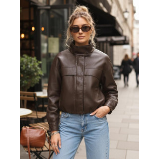 Rjava usnjena jakna z visokim ovratnikom TY5650