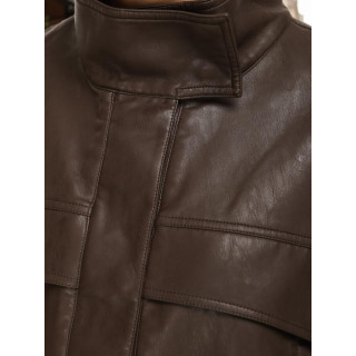 Rjava usnjena jakna z visokim ovratnikom TY5650