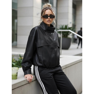 Črna usnjena jakna z visokim ovratnikom TY5651