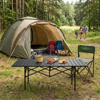 Črna zložljiva kamping miza s torbo - 120x55 cm