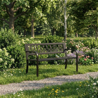 Vrtna kovinska klop z okrasnim naslonjalom