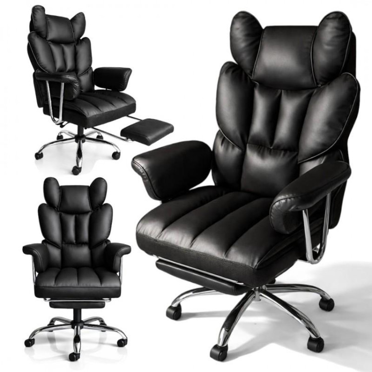 Črn usnjen pisarniški stol z naslonom za noge