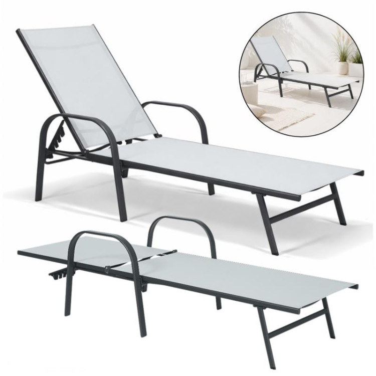 Črno-siv vrtni ležalnik z nastavljivim naslonjalom